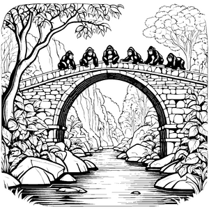 Verspielt buddelnde Gorillas auf der Brücke Ausmalvorlage für abenteuerliche Forscher
