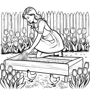 Hühner füttern im Garten: Ein süßes Ausmalbild für Kinder