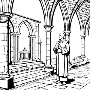 Einsamer Mönch in historischem Kloster Ausmalbild für ruhige Entdecker