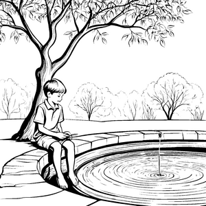 Der Junge am Springbrunnen im Park malen zum Ausmalen