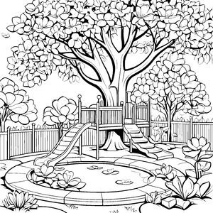 Blühende Magnolien über dem Spielplatz Ausmalvorlage für kleine Naturforscher