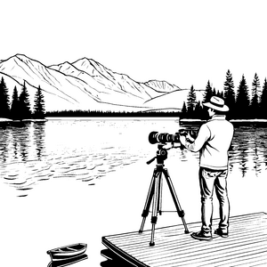 Der kleine Fotograf am See mit der Kamera vor Bergen