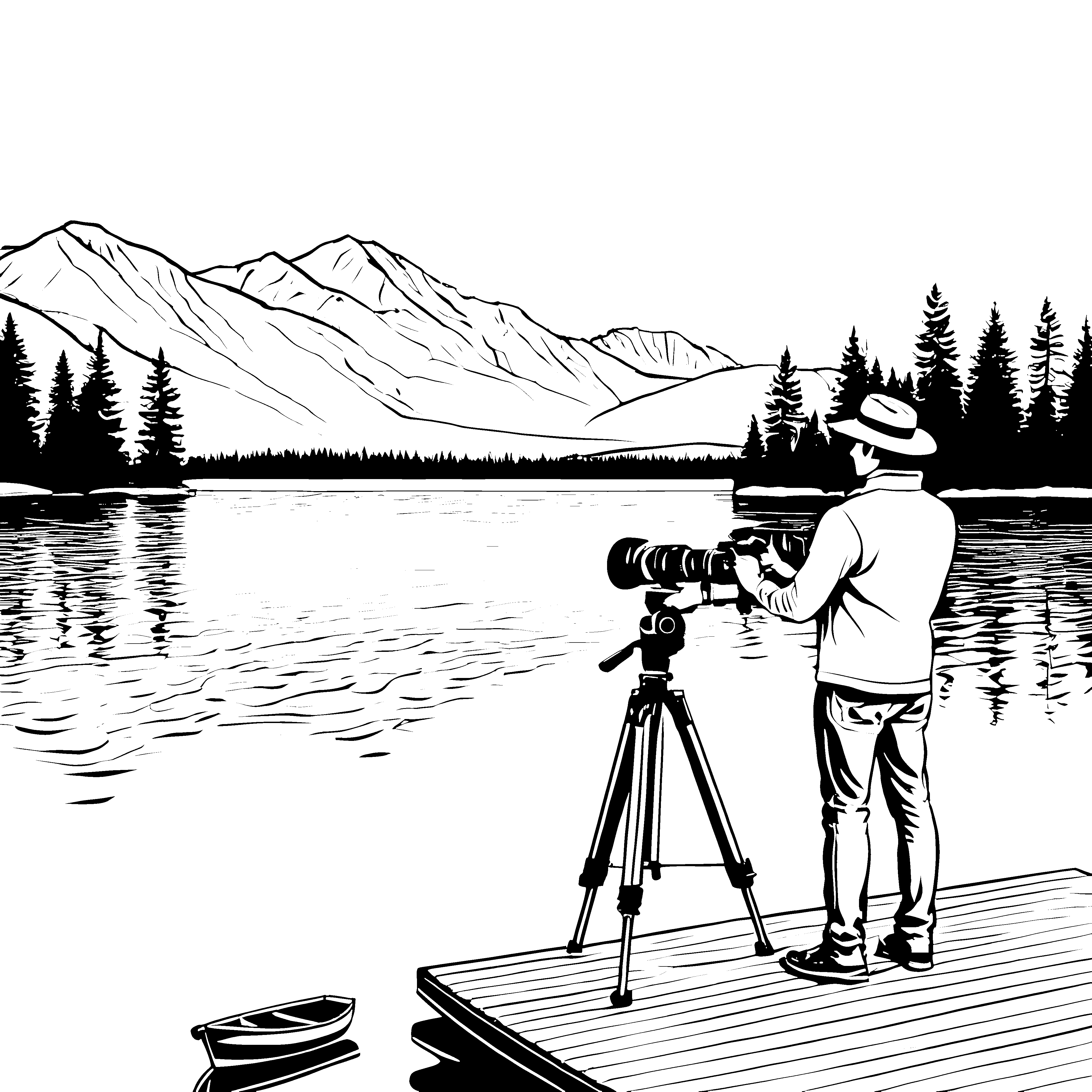 Der kleine Fotograf am See mit der Kamera vor Bergen