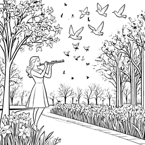 Melodische Flötenklänge im blühenden Garten Ausmalvorlage für fantasievolle Künstler