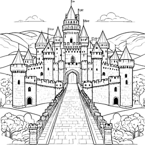 Die große Burg mit dem Weg zu den Türmen zum Ausmaln