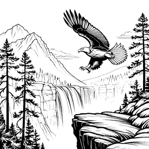 Adler über dem Wasserfall in alpiner Berglandschaft zum Ausmalen