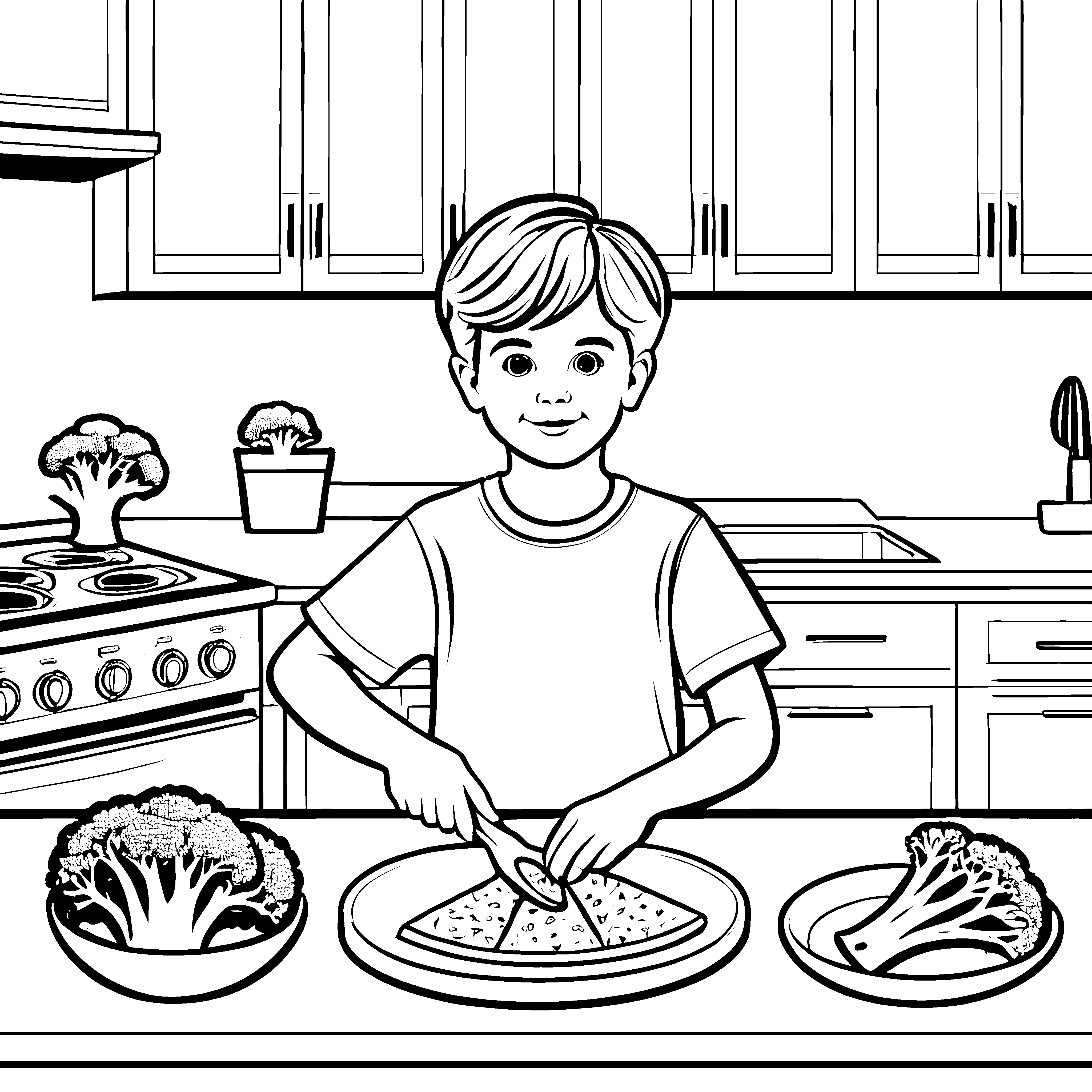 Der kleine Junge und sein Brokkoli-Abenteuer in der Küche zum Ausmalen
