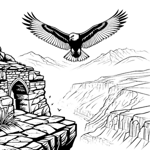 Der majestätische Bussard über alten Steinruinen im Canyon