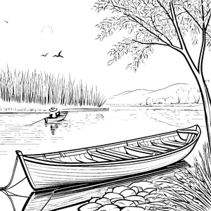 Fischerboote am Flussufer mit Schilf und Hügeln zum Ausmalen