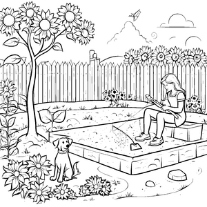 Spielspaß am Sandkasten im Garten – Ein Ausmalbild für kleine Entdecker