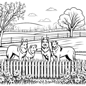 Hofhunde hinter dem Zaun mit Blumen im ländlichen Garten