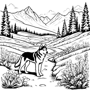 Majestätischer Husky auf malerischem Wanderweg Ausmalvorlage für kleine Naturfreunde