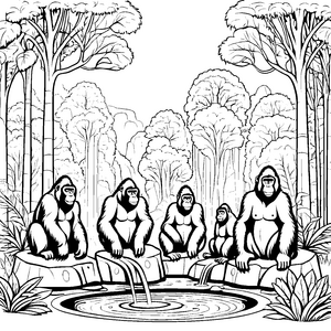 Verspielte Gorillas am plätschernden Wasser Ausmalvorlage für neugierige Tierfreunde