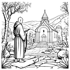 Meditativer Mönch vor historischem Kloster Malvorlage für neugierige Entdecker