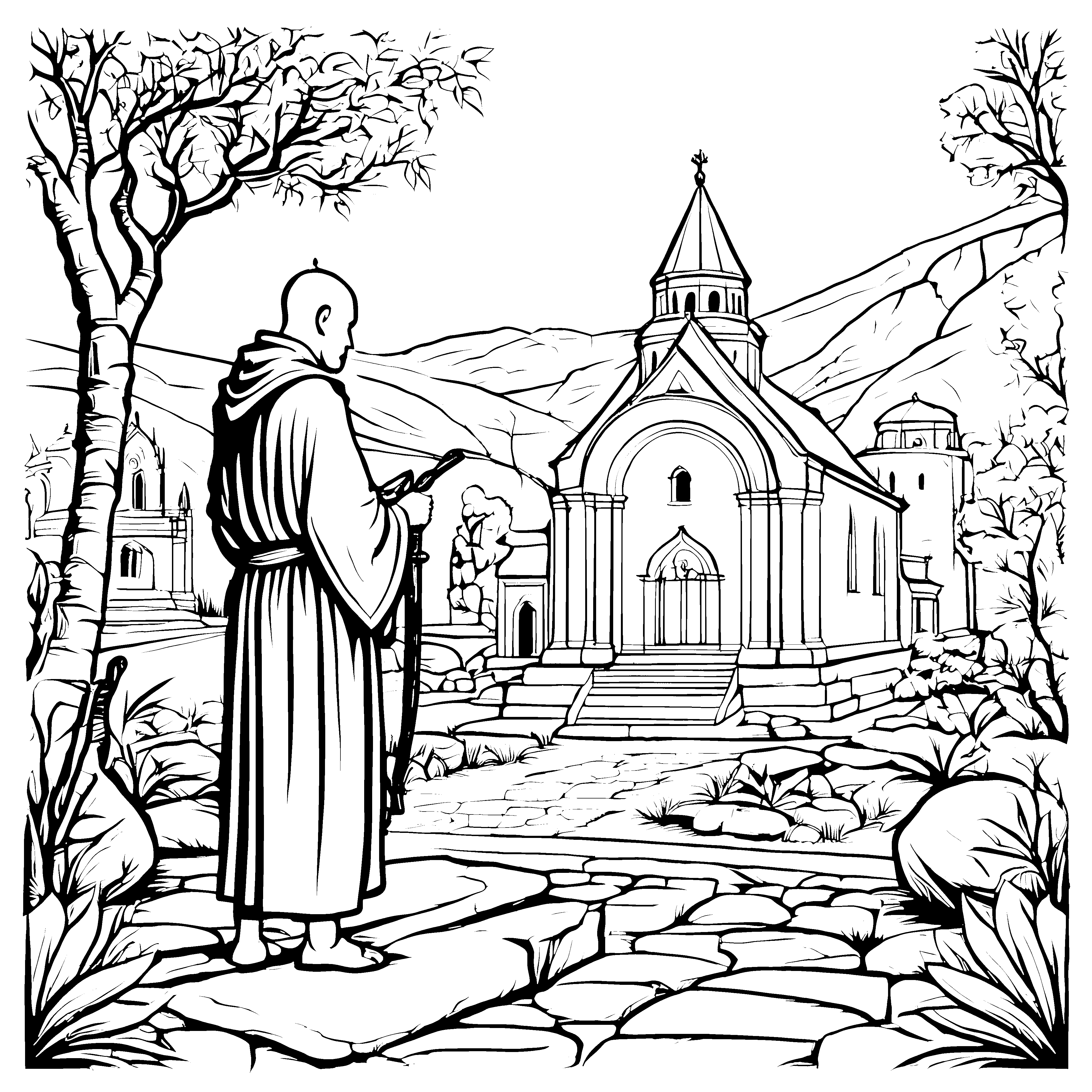 Meditativer Mönch vor historischem Kloster Malvorlage für neugierige Entdecker