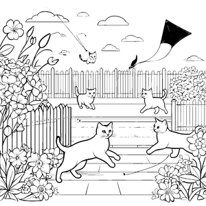 Lustige Katzen im Garten: Ein Ausmalspaß mit Drachen und Blumen