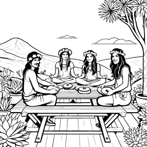 Meditative Hippies in bunter Natur Ausmalvorlage für entspannte Seelen
