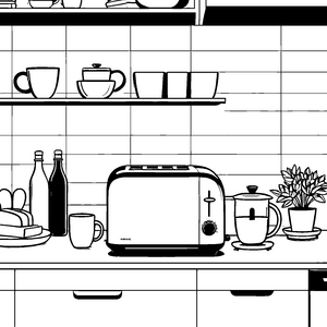 Schnurrender Toaster mit knackigen Brotscheiben Ausmalvorlage für kleine Küchenchefs