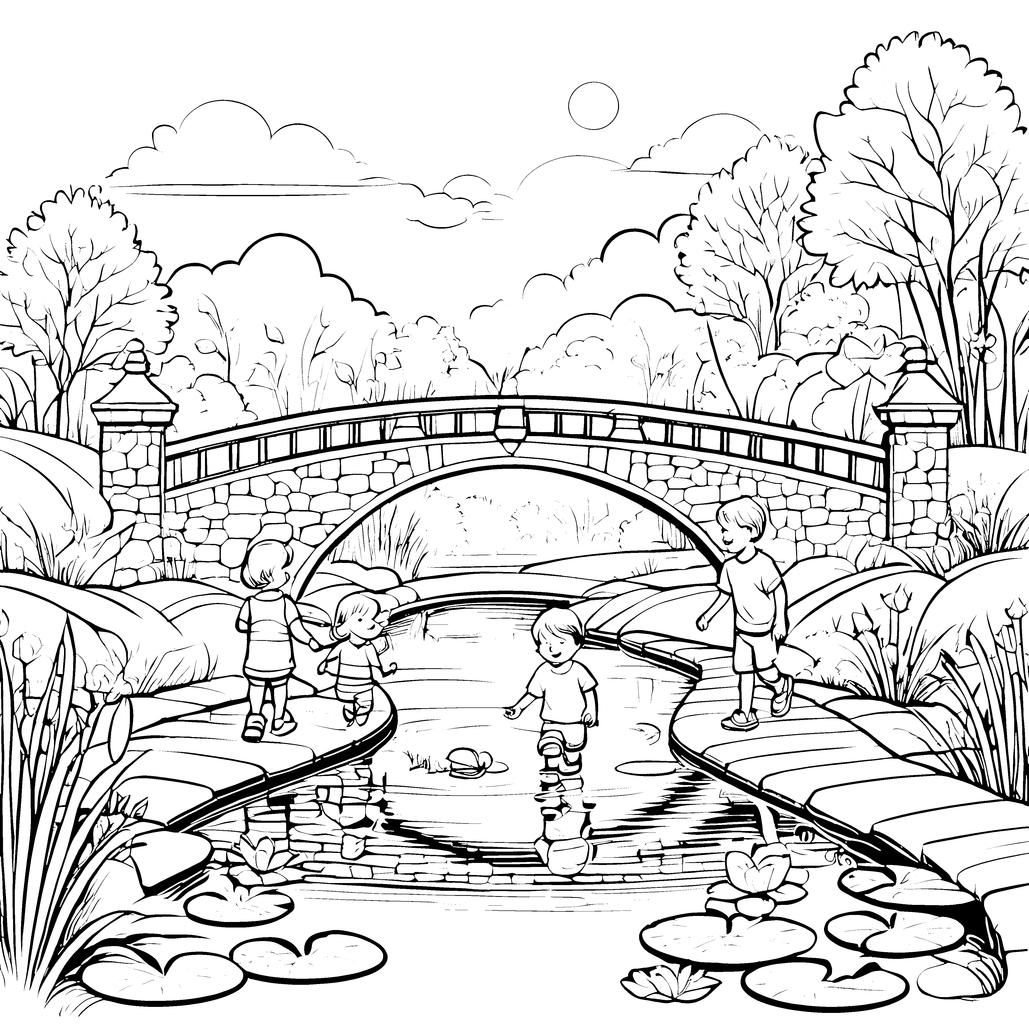 Kinder auf der gemauerten Bogenbrücke über den Bach