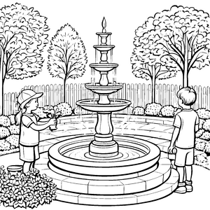 Kinder am Springbrunnen: Ein Ausmalspaß im Garten