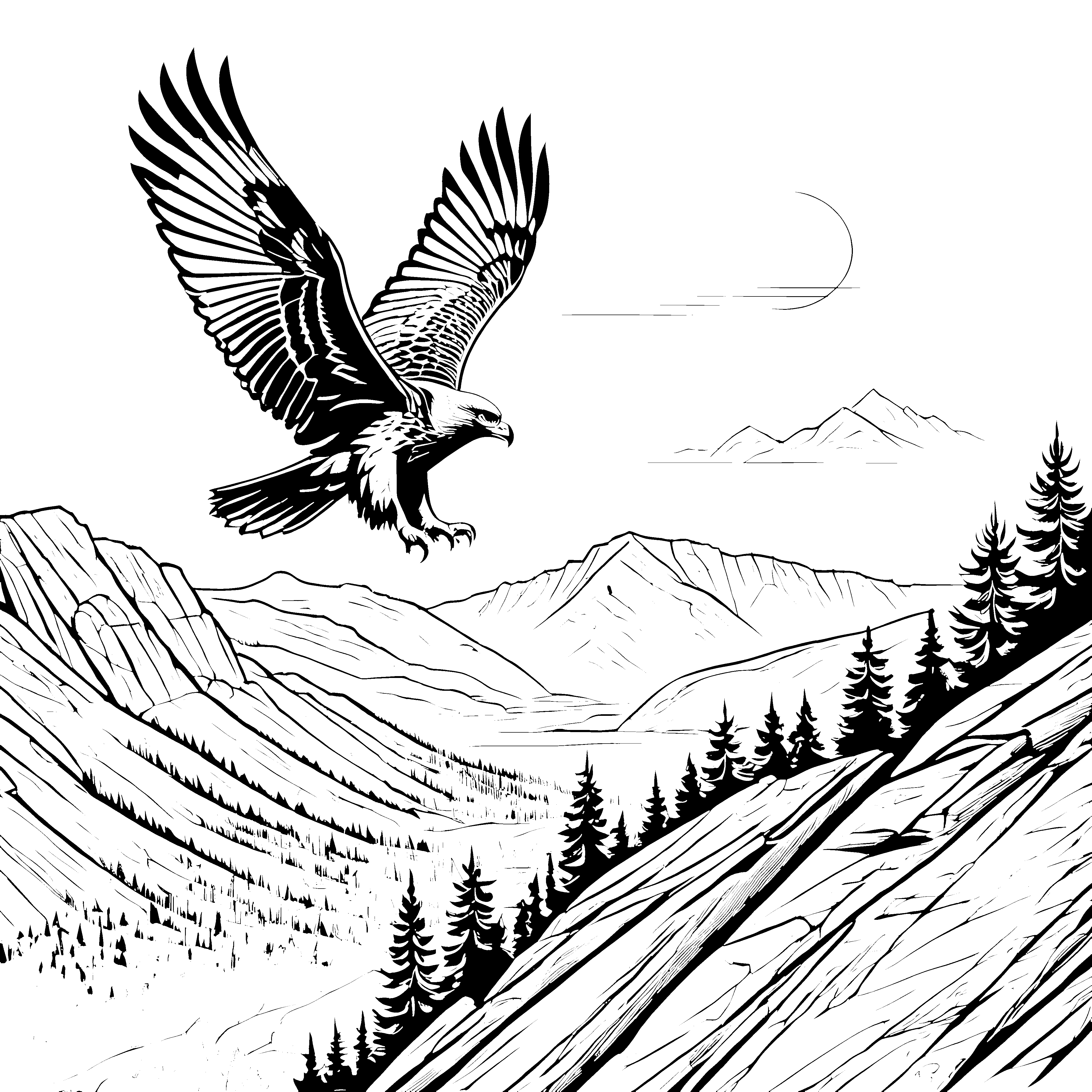 Bussard über Berglandschaft: Ein Ausmalspaß für Kinder
