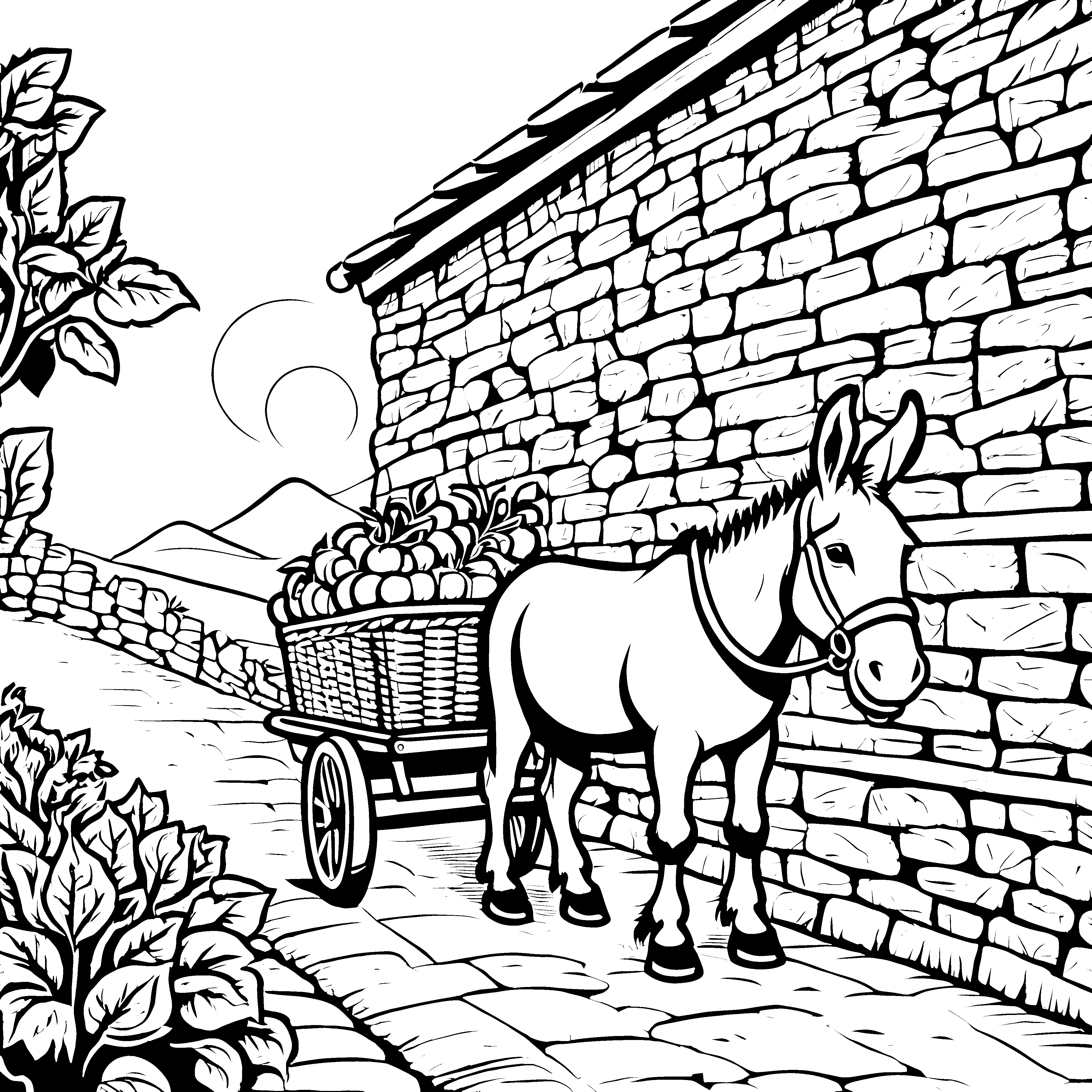 Esel mit buntem Lastenwagen voller Obst Ausmalvorlage für junge Naturfreunde