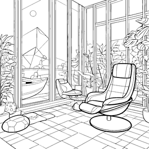 Bequemer Massagesessel im hellen Wintergarten Ausmalvorlage für entspannte Träumer