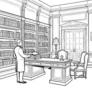 Stilvoller Butler mit spannendem Buchregal Ausmalbild für kluge Entdecker