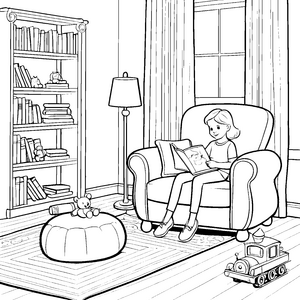 Die perfekte Leseecke im Relaxsessel mit Bücherregal und Spielzeugzug
