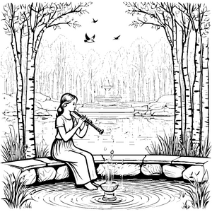 Harmonische Flötenmelodien am sprudelnden Brunnen Ausmalbild für sanfte Klangzauberer