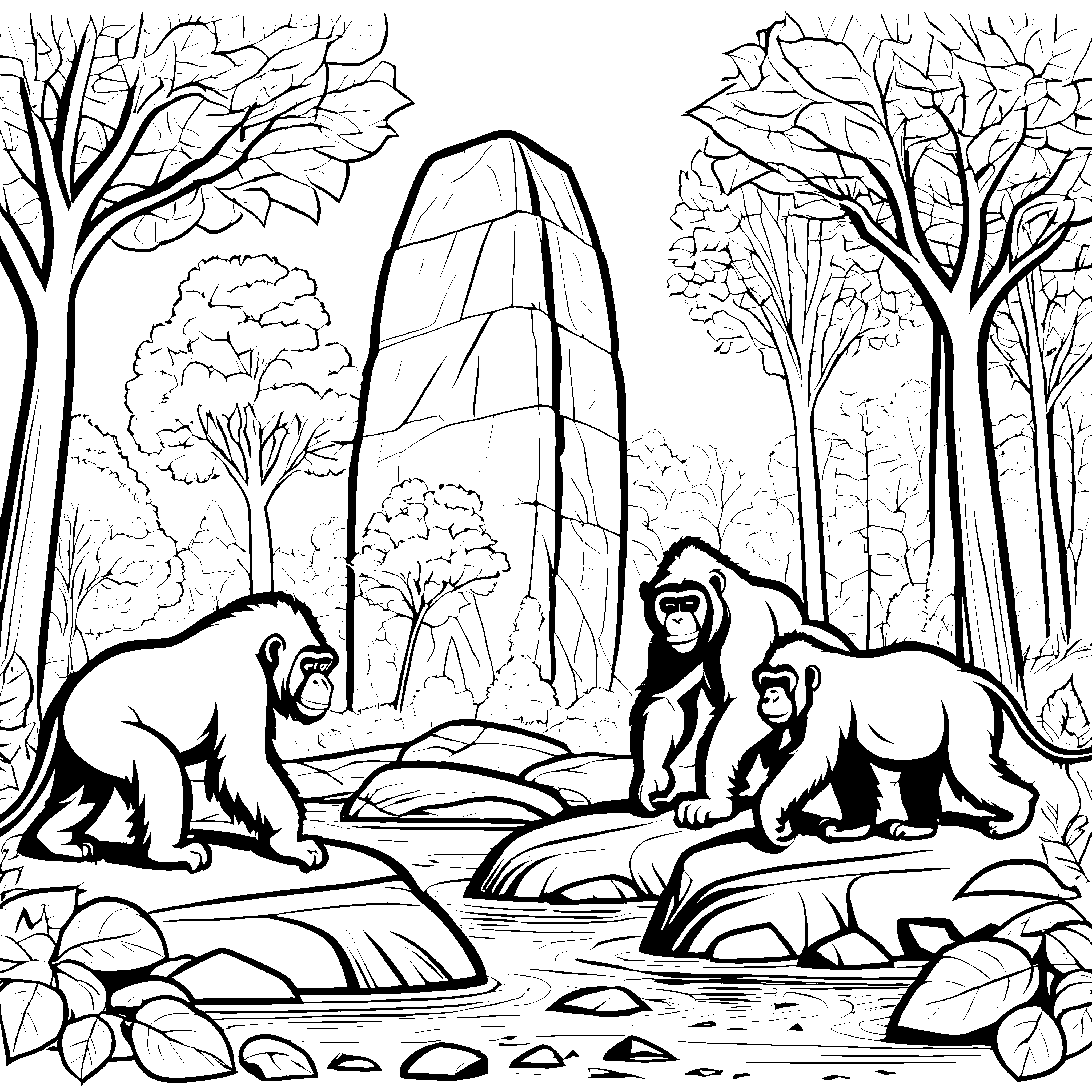 Gorillafamilie beim Spielen am Fluss Ausmalvorlage für neugierige Dschungelfreunde
