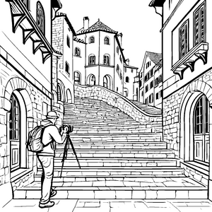 Der kleine Fotograf an der alten Steintreppe malen