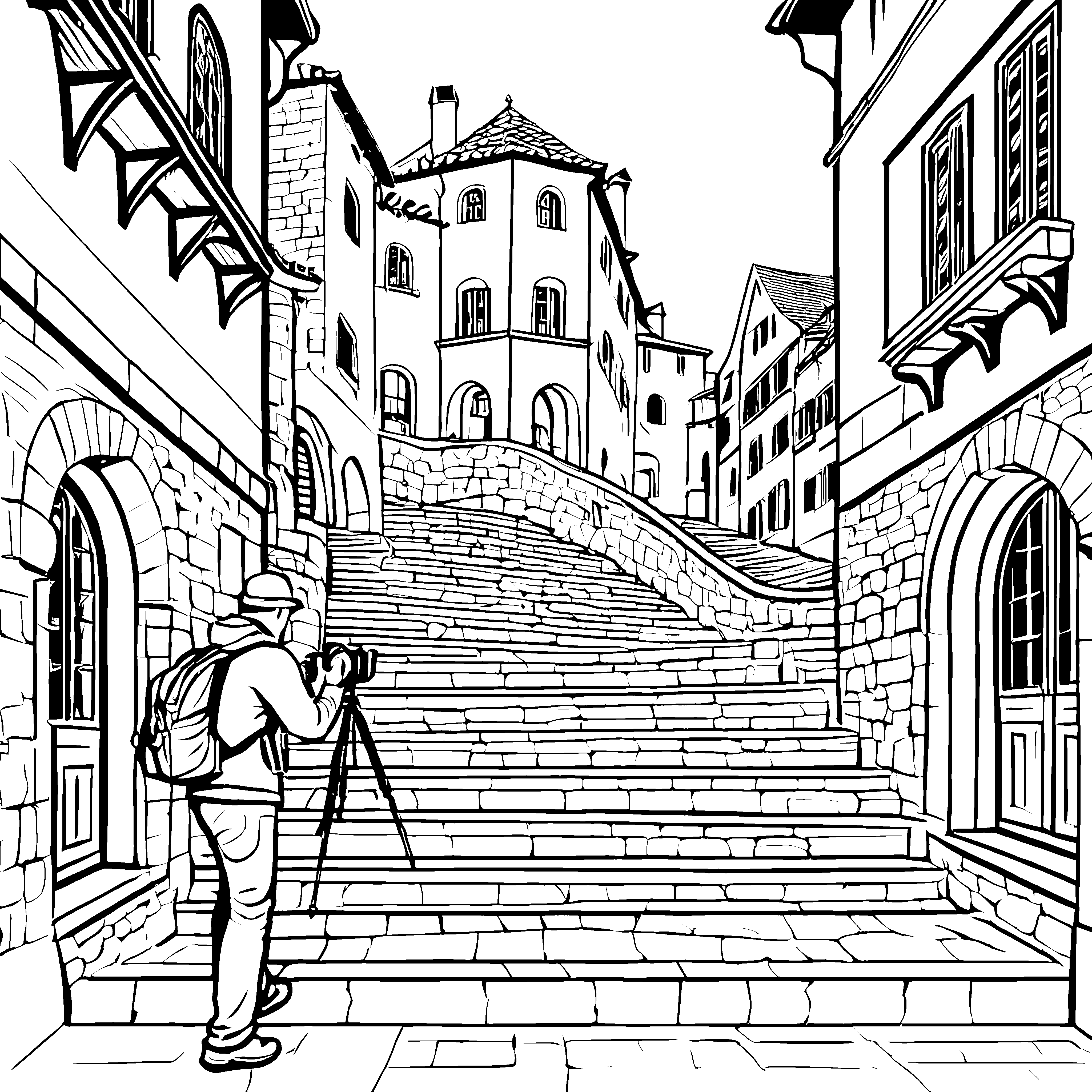 Der kleine Fotograf an der alten Steintreppe malen