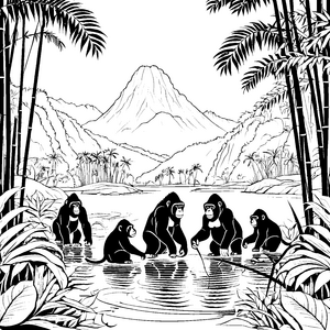 Bezaubernde Gorillas am glitzernden Wasser Ausmalvorlage für tierbegeisterte Entdecker