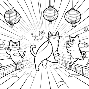 Lustige Katzen unter Laternen im Spielzimmer ausmalen