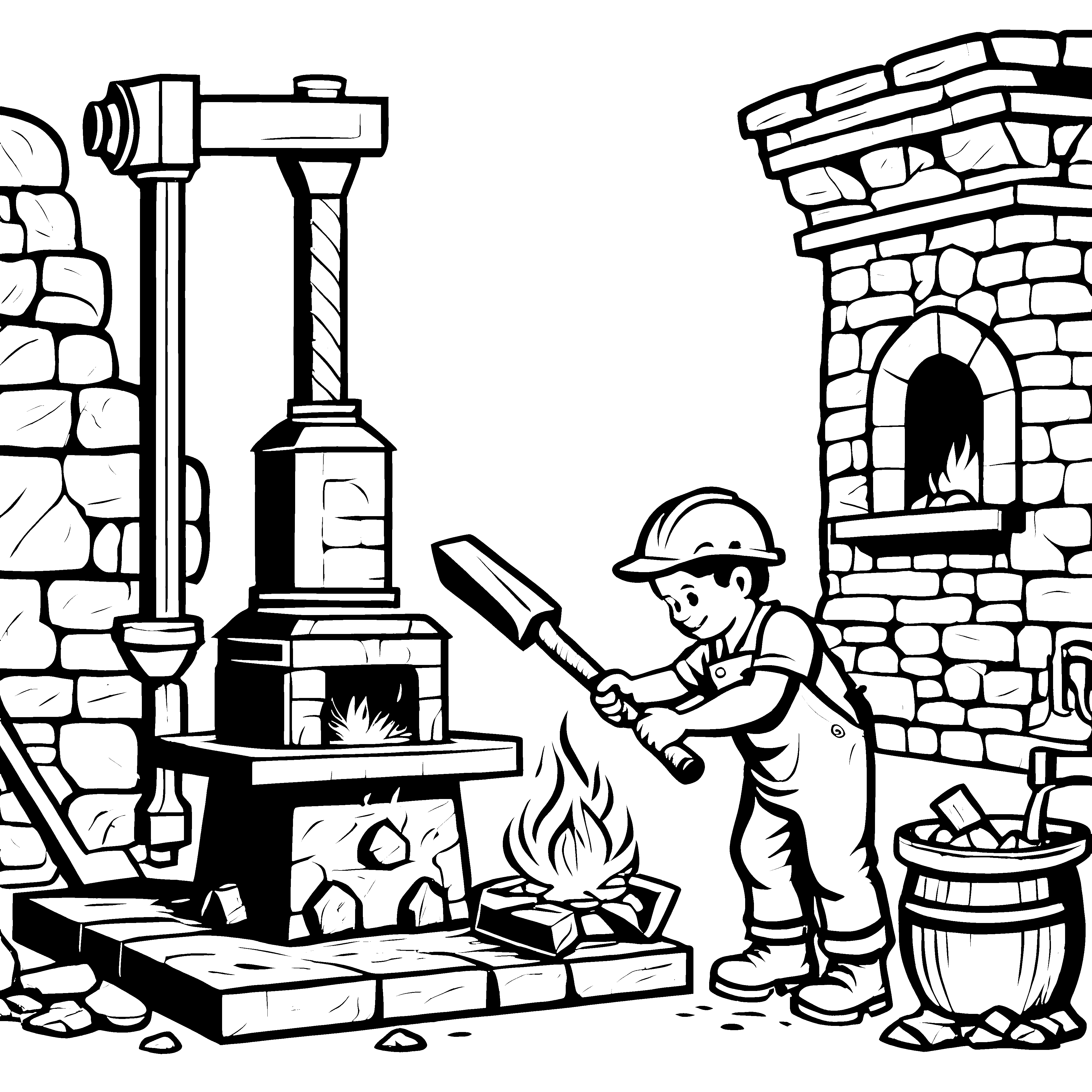 Der kleine Schmied am Amboss mit Hammer und Feuer