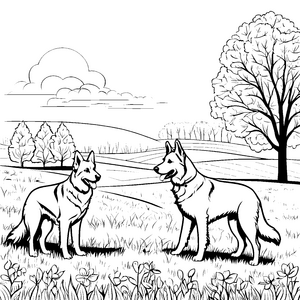 Zwei Hofhunde auf der Wiese bei weitem Horizont zum Ausmalen