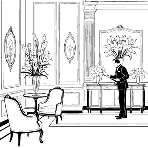 Eleganter Butler mit Blumenarrangement Malvorlage für stilbewusste Entdecker