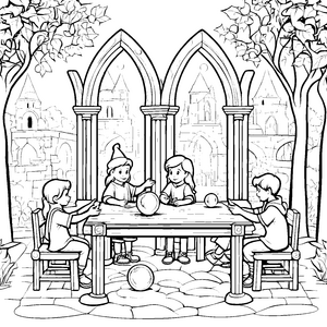 Magische Schüler beim geheimnisvollen Zaubersprüche-Workshop Ausmalvorlage für fantasievolle Entdecker