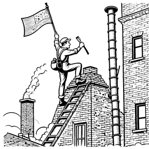 Der Schornsteinfeger mit der Fahne vor dem Backsteinhaus zum Ausmalen