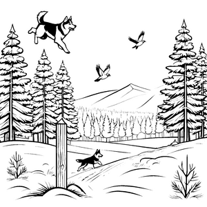 Spritziger Husky beim fröhlichen Sprung im Wald Ausmalvorlage für Abenteuerlustige Tierfreunde