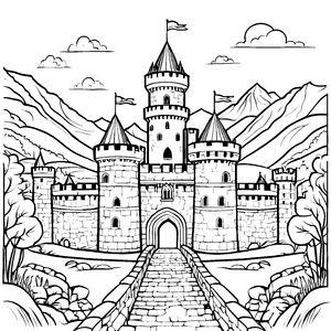 Die große Burg mit Türmen vor sanften Hügeln zum Ausmalen