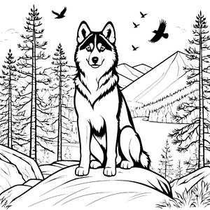 Husky auf felsigem Gipfel mit lebhaftem Ausblick Malvorlage für abenteuerlustige Tierfreunde