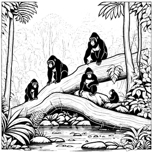 Abenteuerliche Gorillagruppe beim spielerischen Klettern Ausmalvorlage für neugierige Tierentdecker