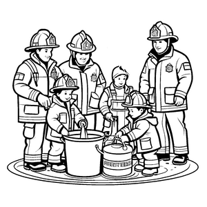 Feuerwehrteam beim Löschen von Flammen Malvorlage für kleine Helden