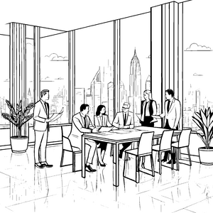Dynamisches Meeting im Bürogebäude Ausmalbild für kleine Visionäre