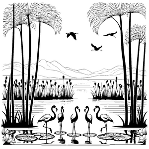 Flamingos im spiegelnden Wasser-Ausmalbild für kleine Naturentdecker