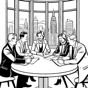 Diskussionsrunde kreativer Politiker am Tisch Ausmalbild für junge Zukunftsgestalter
