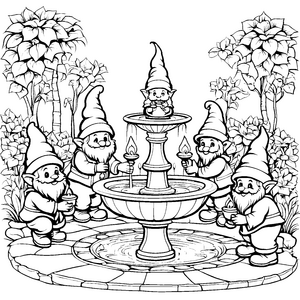 Die Gartenzwerge am Brunnen malen Ausmalbild für Kinder