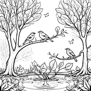 Zwei fröhliche Vögel an blühendem Baum Ausmalbild für kleine Naturforscher